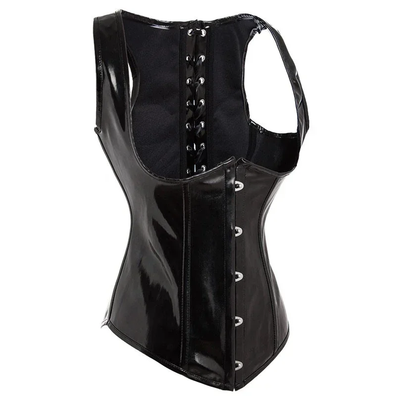 Black PU Leather Corset Gothic Steampunk Underbust PVC Corsets and Bustiers Waist Trainer Body Shaper Vest with Shoulder Straps