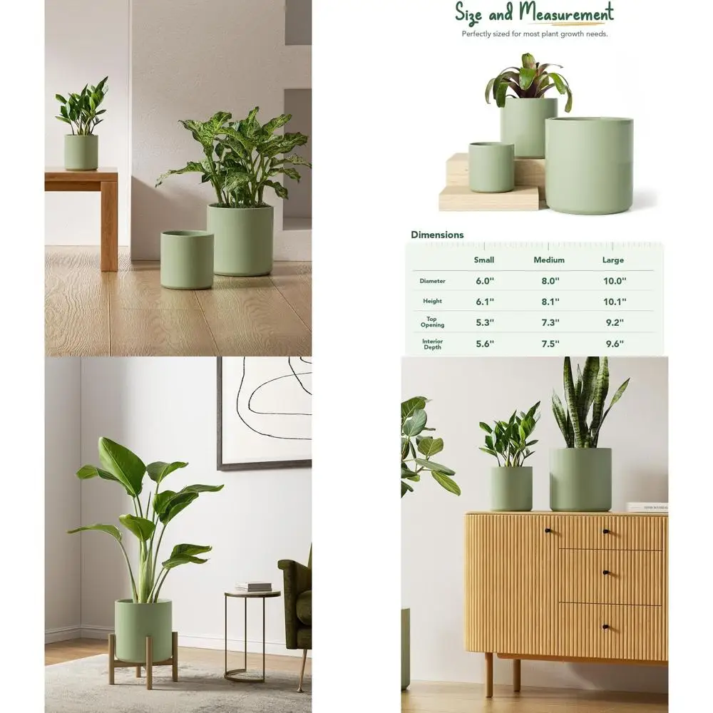 

Набор из 3-х современных комнатных горшков середины века, цилиндрических горшков размером 10–8 и 6-дюймовых с дренажем, шалфейно-зеленый