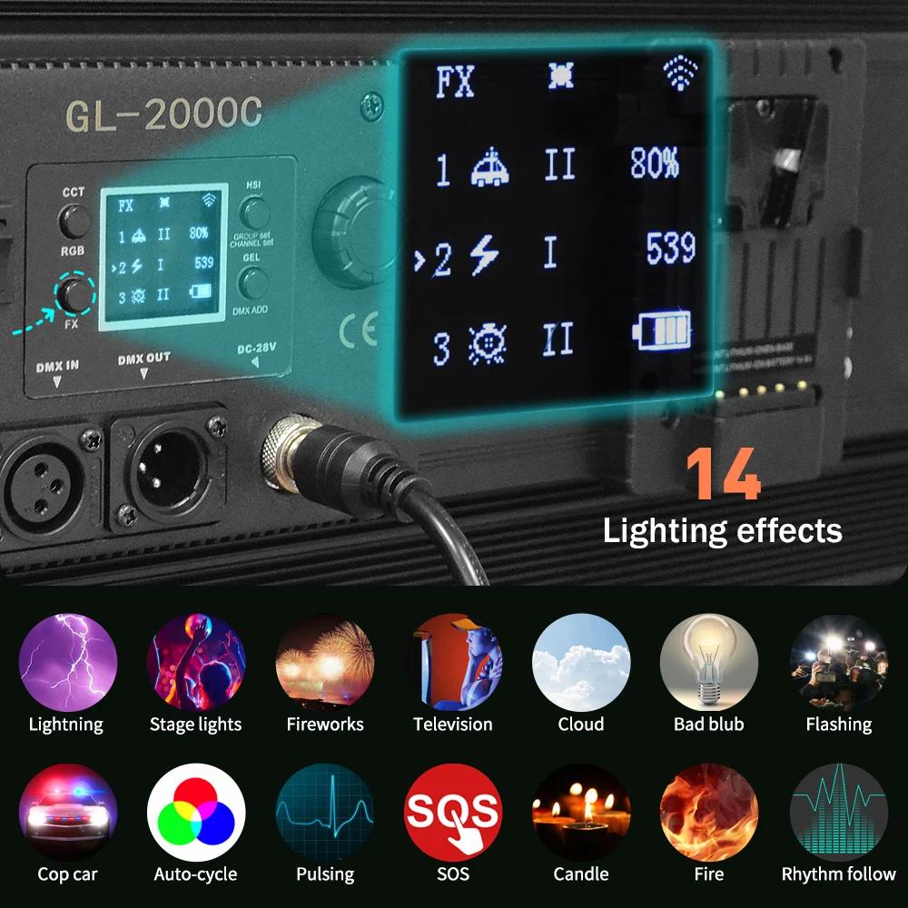 GL2000C LED RGB أضواء الفيديو 2700K-7500K قابل للتعديل التصوير الإضاءة FX وضع CCT وضع مصباح 200 واط لبث التلفزيون العرض المباشر