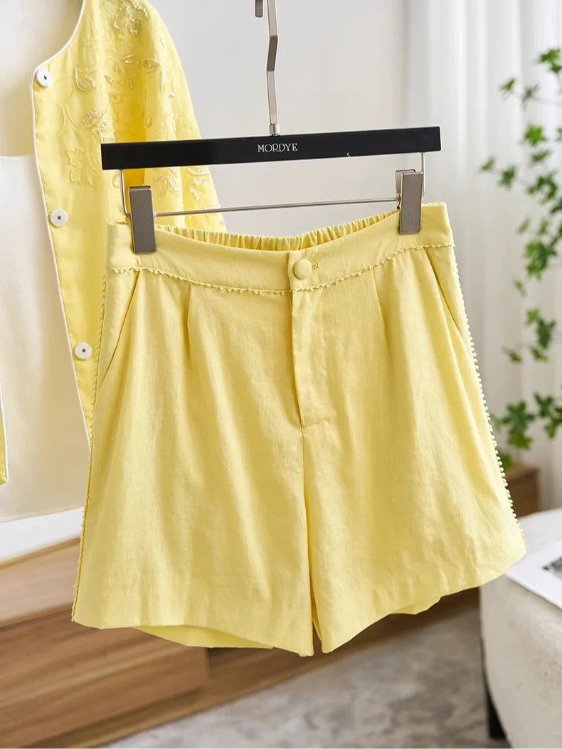 

Stylish Summer Linen Shorts Women's High Waist Simple Commute Style Floral Lace Trim Casual Pants High Waist Straight Leg