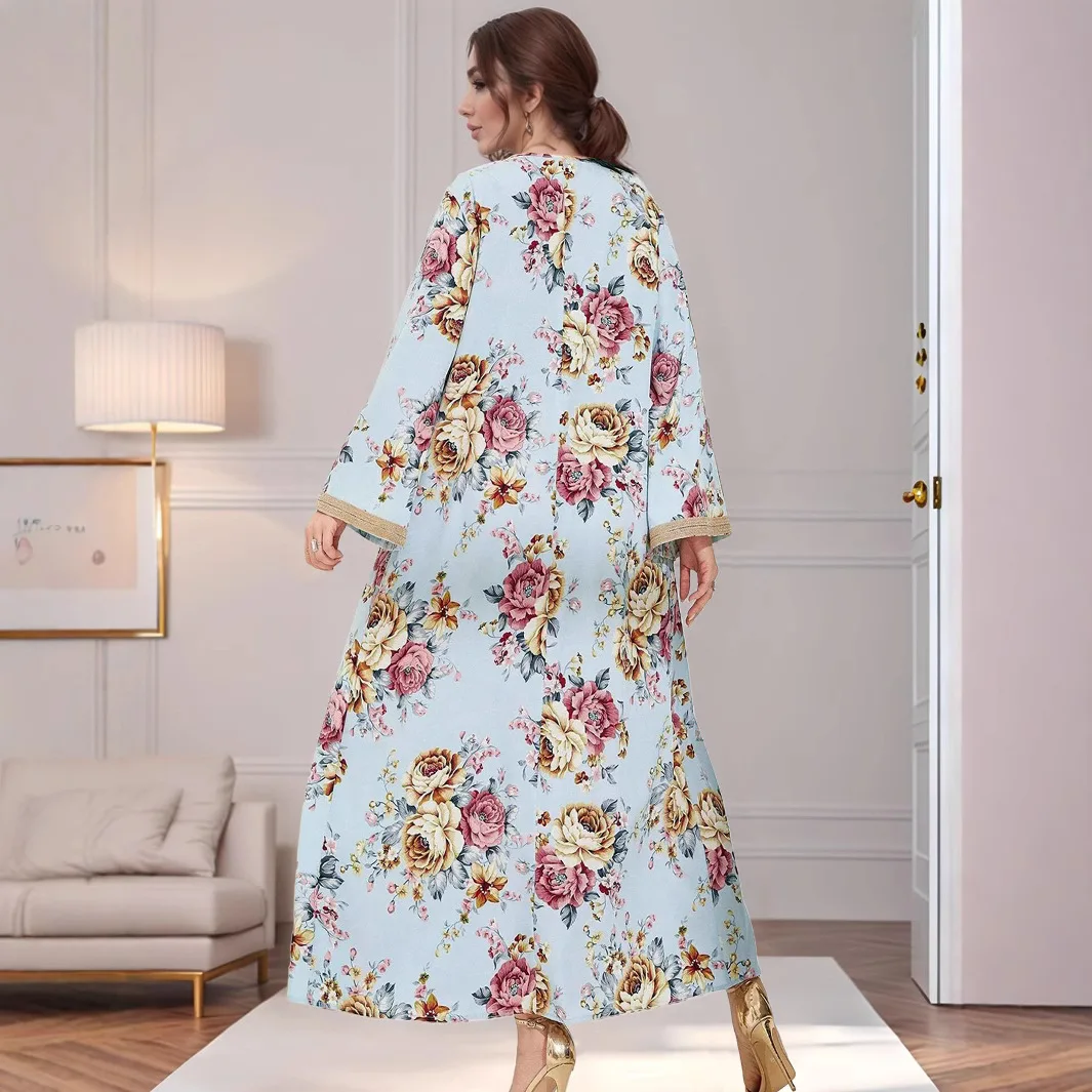 Vestido largo informal holgado con estampado de Oriente Medio para mujer, vestido largo Abaya con manga acampanada y empalme de cinta a la moda con cuello en V