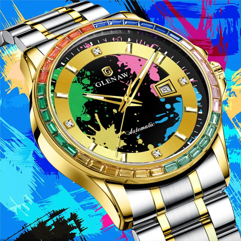 

GLENAW Design New Men's Watch Graffiti Art Stainless Diamond Steel Luminous Waterproof Mechanical Watch Men's Clock GL8722