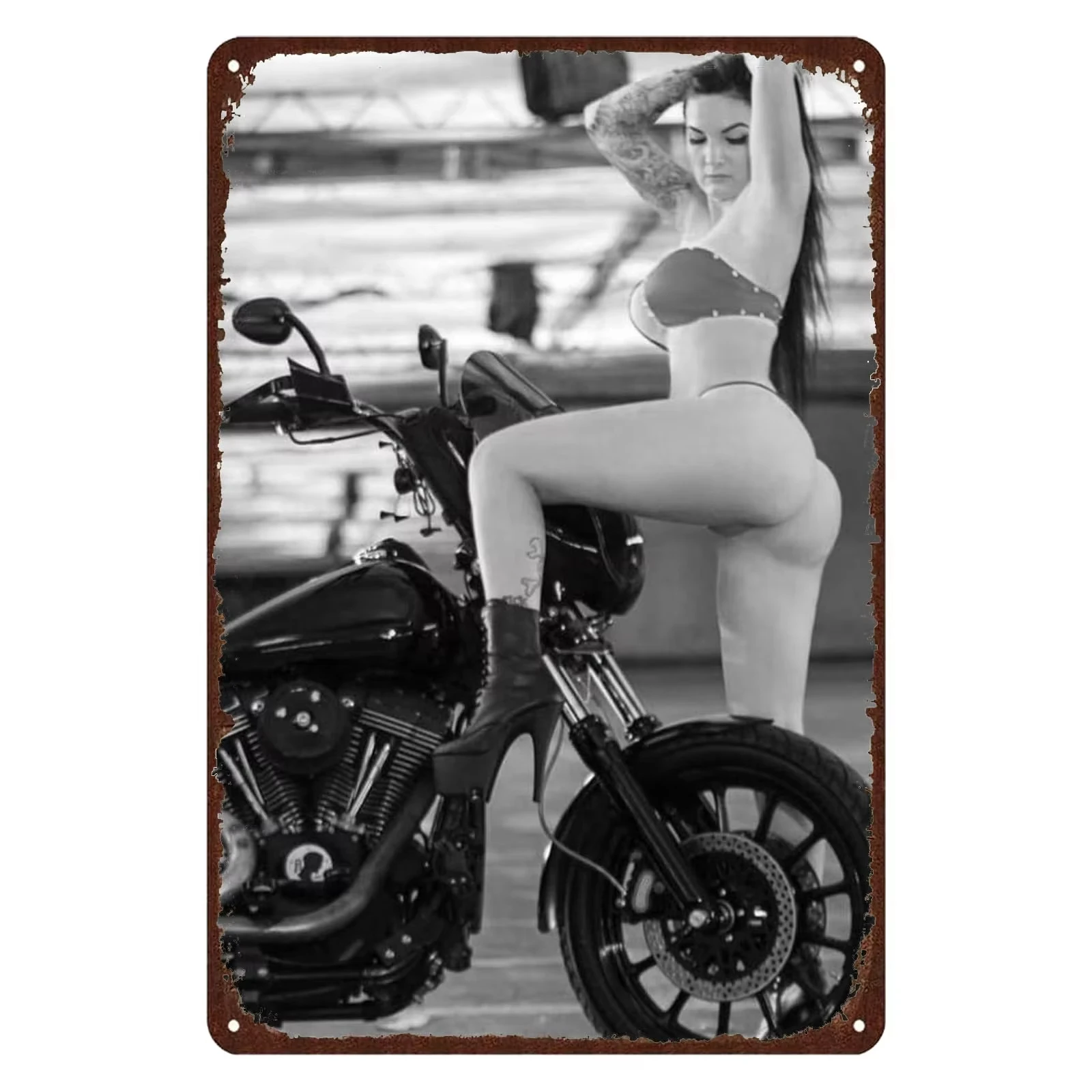 GYMSLAVE Pinup Girl Metal Signs Sexy Women and Motorcycle Chic Art Tin Sign Wall Decor Home Bar Men Cave Garage Gifts Decoration