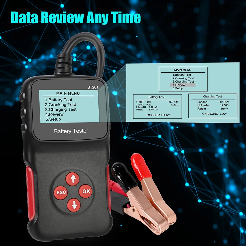 Universal Cranking Charging Circut Test Multi-Function Car Battery Tester BT201 12V Support 6 Languages 100-2000 CCA