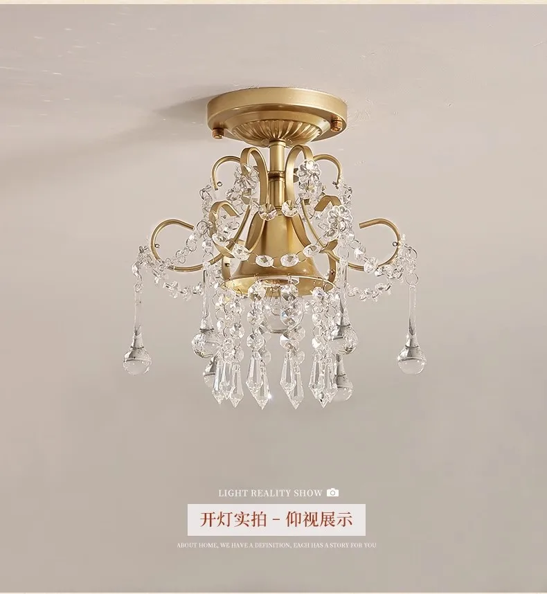 Simple crystal chandelier single head bedroom aisle balcony entrance crystal small hanging lamps, E27, white/gold Dia 23cm