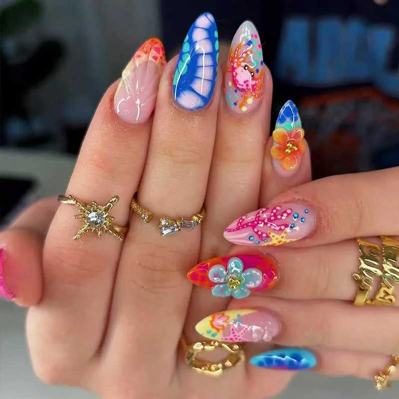 Starfish Pattern Printed False Nails Almond Fake Nail 3D Flower Press On Nails Colorful French 3D Ocean Almond Press on Nails