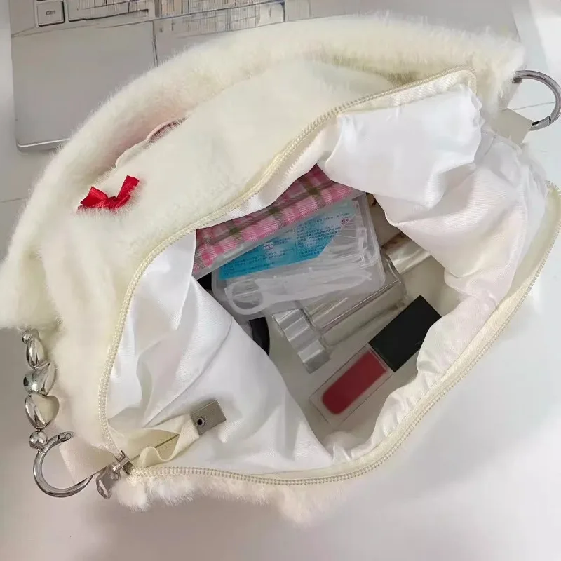 MBTI-Bolsos de hombro de Hello Kitty para mujer, bolso de mano de felpa blanca, bonito y dulce, Y2k, bolsos estéticos originales, 2024