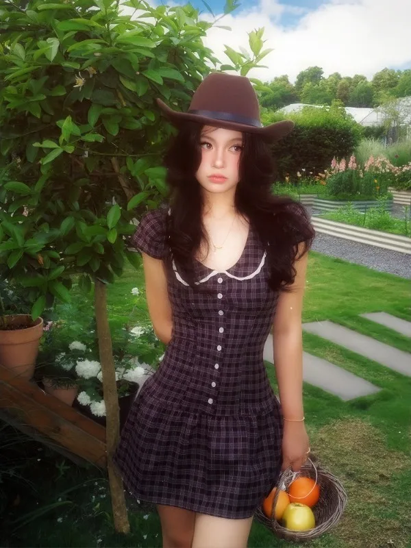 

Sweet Cool College Style American Farmhouse Pattern Short Sleeve Turn-down Collar Waist-cinching Dress Fashionable High Waist...