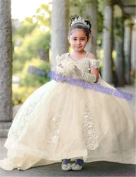 Elegant Blue Flower Girl Dress Wedding Dresses Decal Tulle Bow Party Kids Birthday Pageant Robe Holy First Communion Gowns