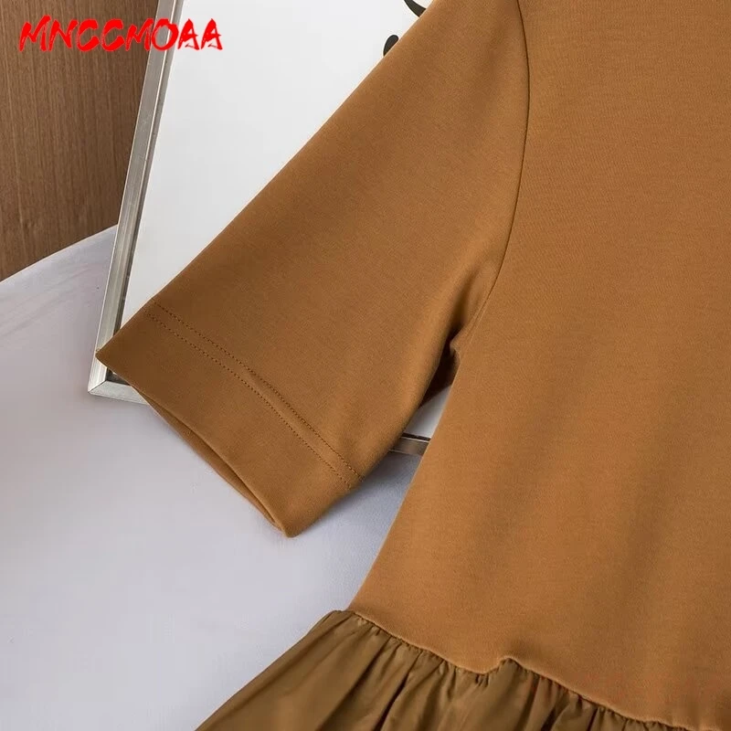 MNCCMOAA 2024 Spring Summer Woman Fashion Loose Vintage O Neck Splice Short Sleeve Dress Female Solid Casual Elegance Dresses