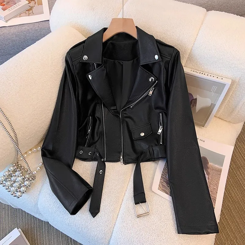 Black White Sky Blue Faux Pu Leather Jacket Women Slim Short Coat With Belt Lapel Long Sleeve Spring Autumn Female Streetwear