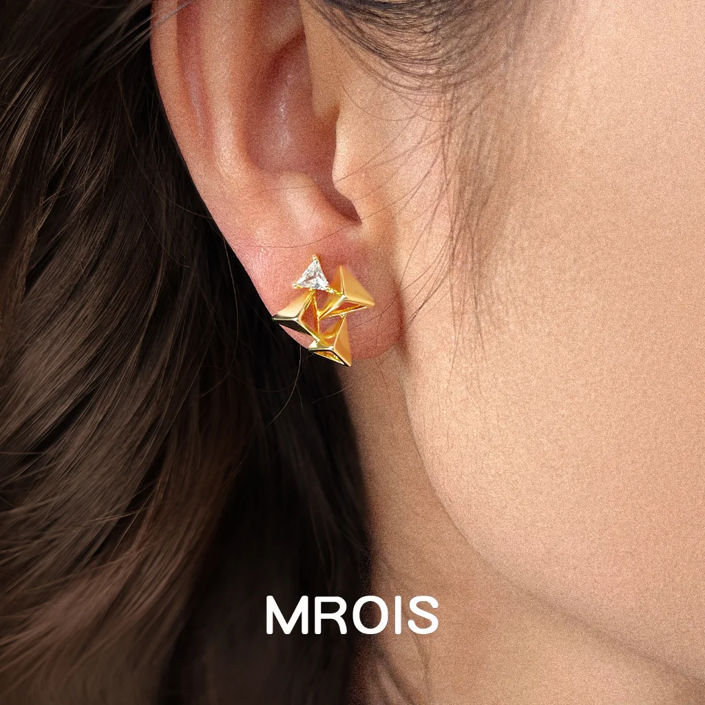 Original 18k real gold plated geometric hollow three-dimensional triangular zircon stud earrings fashionable light luxury high-e