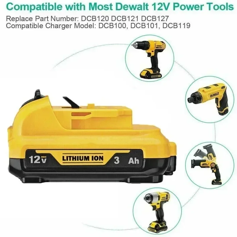 ไร้สาย/ชาร์จสําหรับ DeWalt DCB120 แบตเตอรี่ลิเธียมไอออน 12V 3.0Ah แบตเตอรี่ DCB124 DW089LG DCD701F2 เครื่องมือ/ระดับเลเซอร์