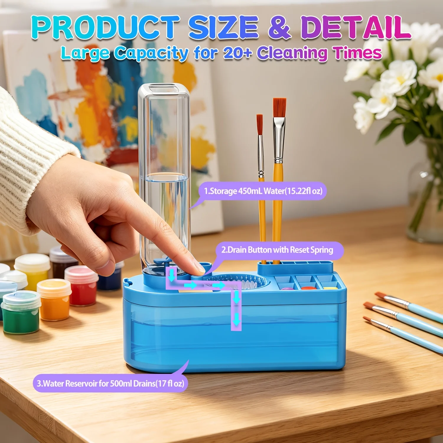 All In One Brush Washer Station Large 450ml Capacity Self Rinsing System With Built In Palette Efficient Tool Artist Studio