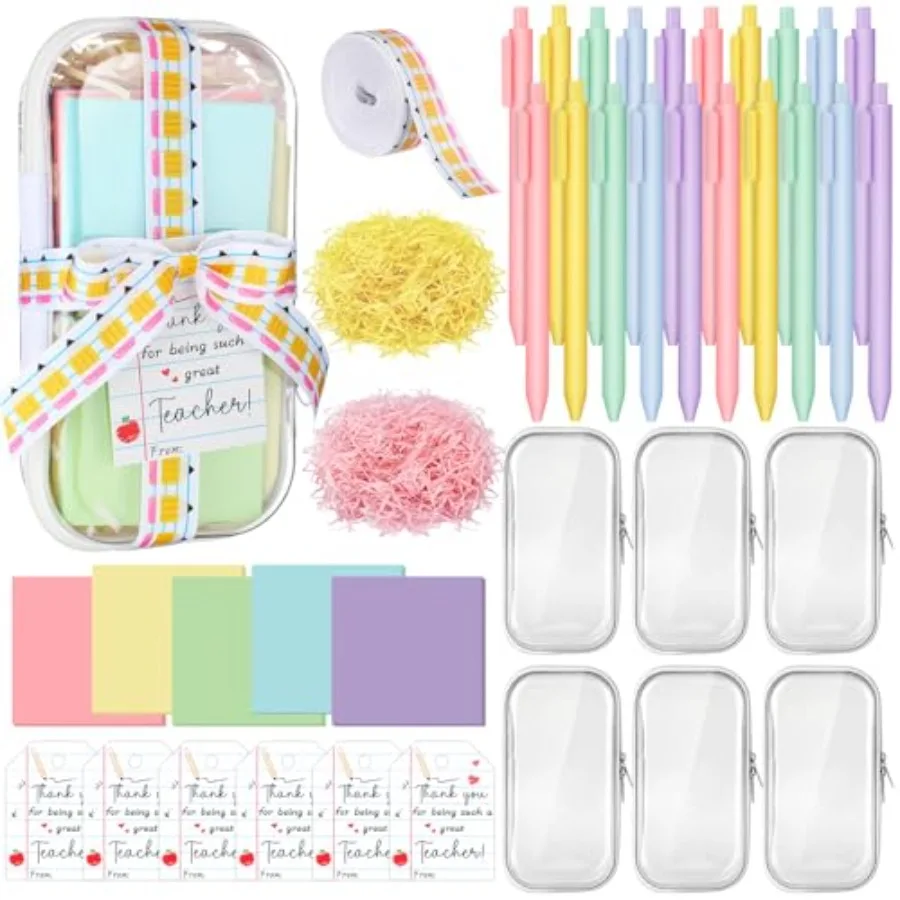 

6 Sets/75 Pcs End of Year Teacher Gifts Bulk Set Clear Hard Case Zipper Pouch Pastel Ballpoint Pens and Sticky Notes Pink and Y