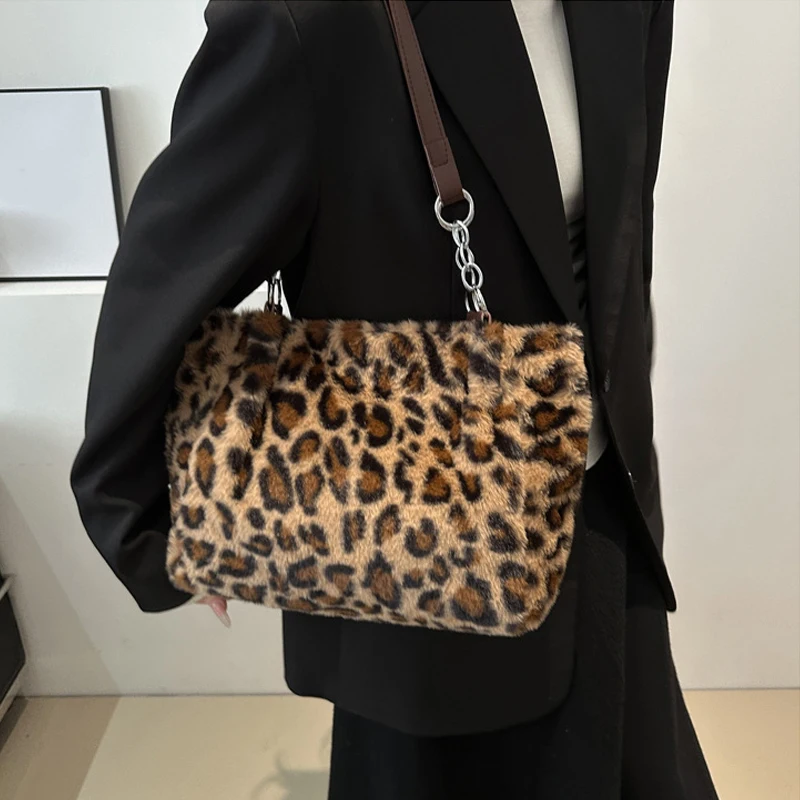 National Style Simple Women Leopard Tote Bag Lady Luxury Fluffy Shoulder Bag Chain Large Capacity Commuter Handle Bag