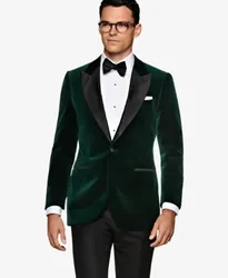 Popular One Button Dark Green Velvet Groom Tuxedos Peak Lapel Men Suits 2 pieces Wedding/Prom/Dinner Blazer (Jacket+Pants)