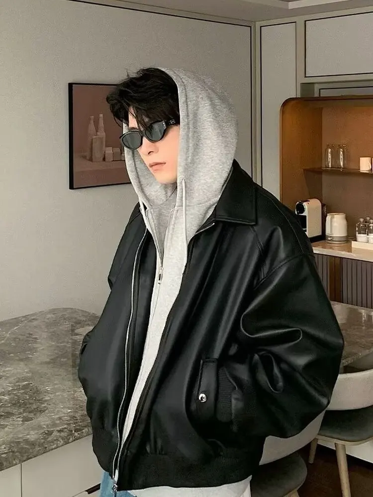 

Мужская кожаная куртка American Sle Bla, осенне-зимняя модная толстовка с капюшоном, мотоциклетная одежда, универсальная длинная застежка-молния све