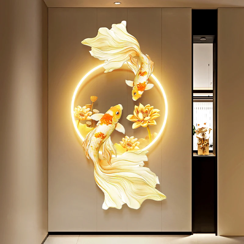 Koi Fish And Lotus Hanging Painting Room Decoration Wall Lamp Interior Wall Led Lights Living Room Interior Decorative Paintings