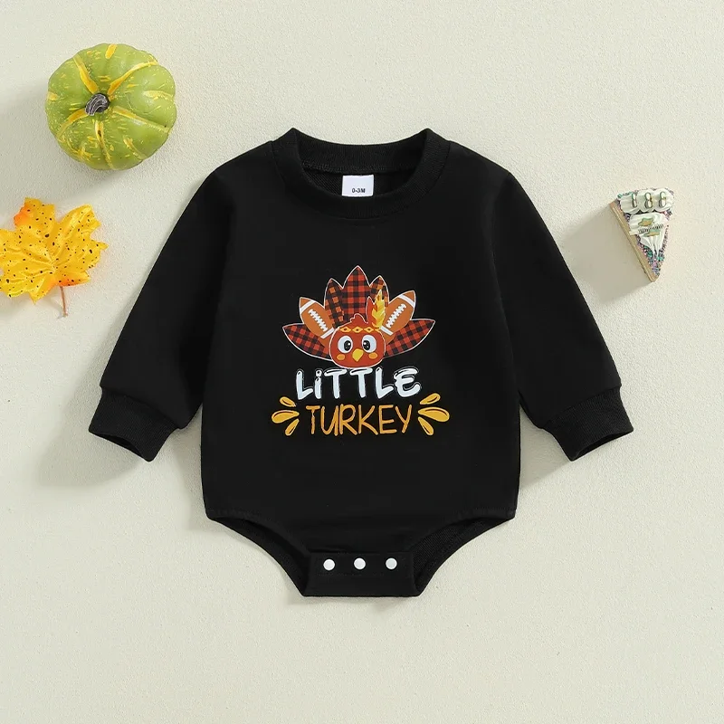 

Baby Thanksgiving Casual Romper Long Sleeve O Neck Letter and Turkey Print Fall Romper for Infant 0-18 Months