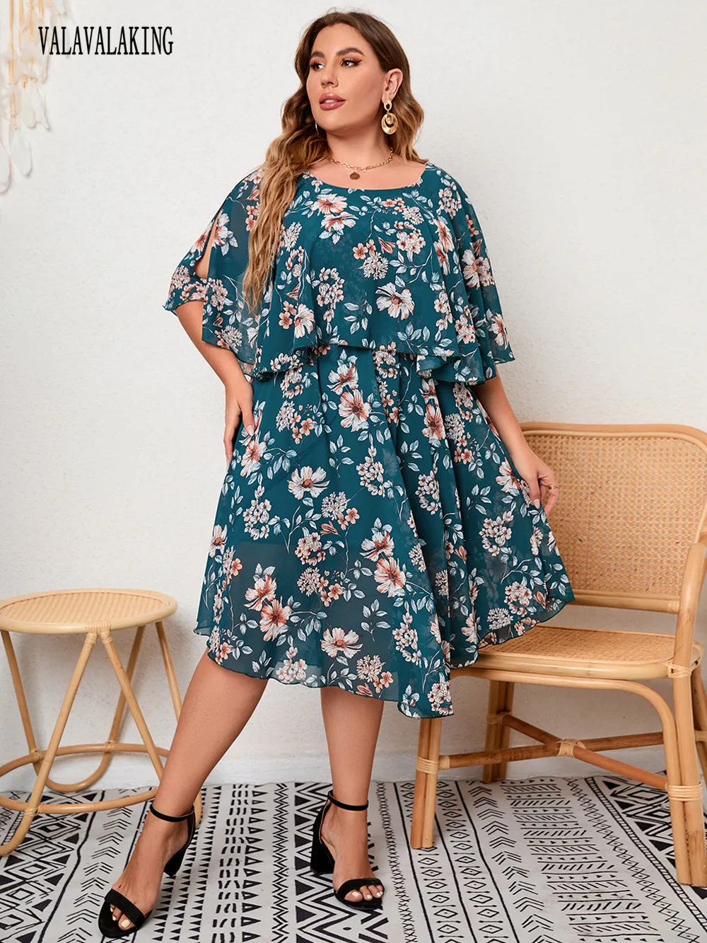 2025 Casual O-Neck Floral Print Plus Size Dress Women Ruffle Short Sleeve Large Midi Dress Lady Chubby Curvy Pleated Long Dress