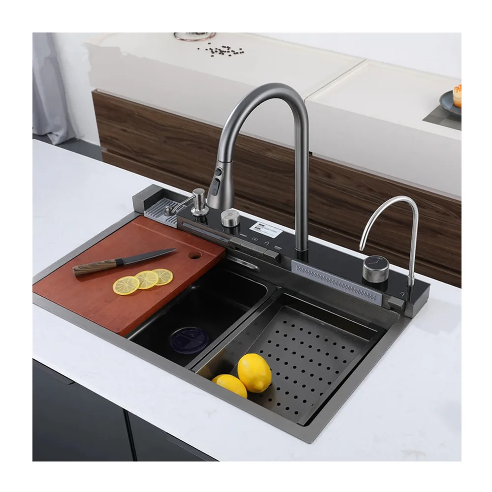 

Smart Kitchen Sink With Waterfall Faucet Stainless Steel Large Single Slot Bionic Honeycomb Black Kitchen Wash Basin Sink