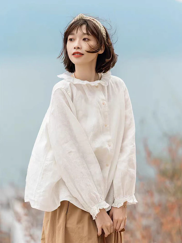 

Retro Japanese Sle Cotton Linen Women's irt Spring 2025 Loose Long Sve Floral Collar Inner Wear Top Commute Sle