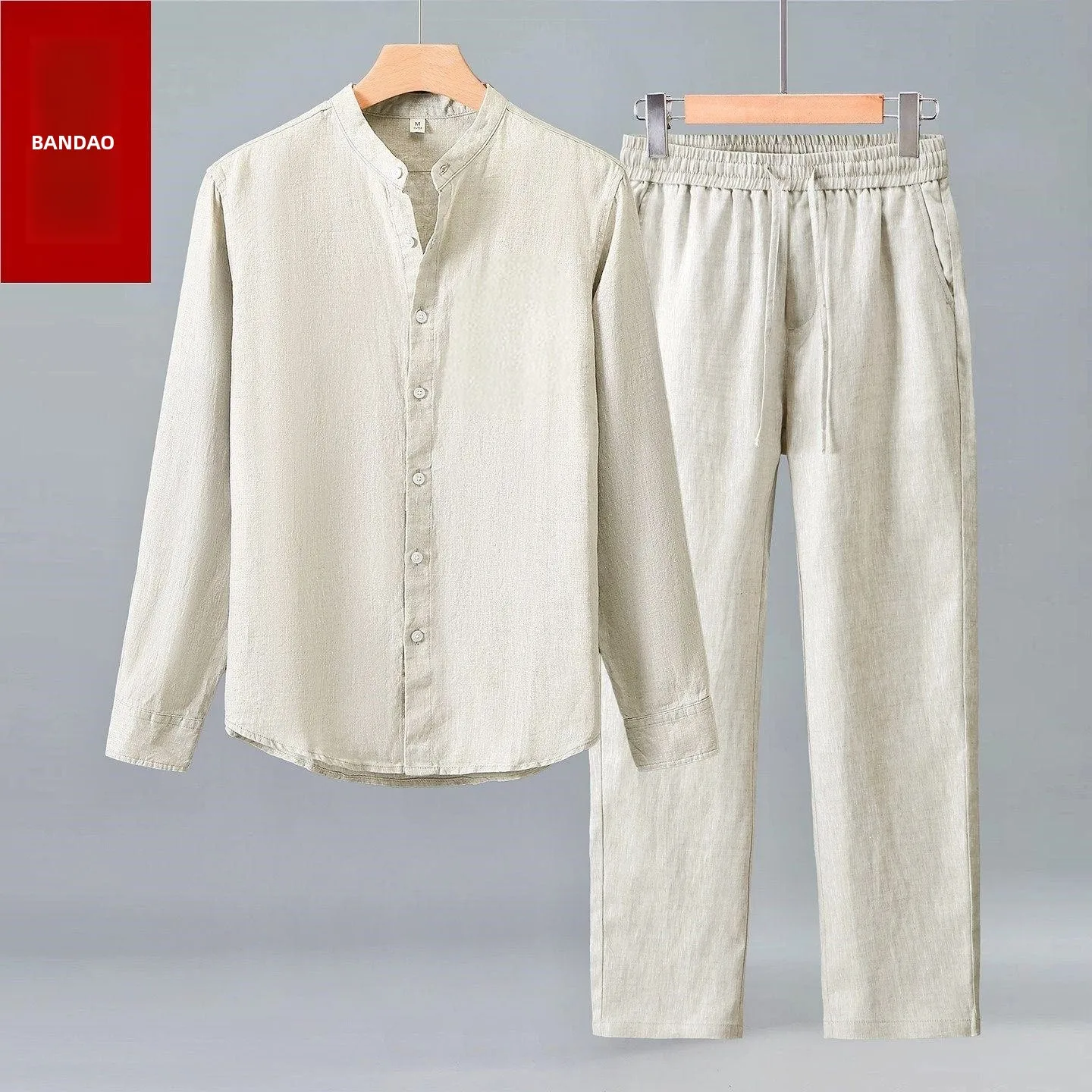

Cotton Linen Long Sleeve Shirt Chinese Style Stand Collar Straight Tube Elastic Waist Belted Long Pants Men Cotton Linen Set