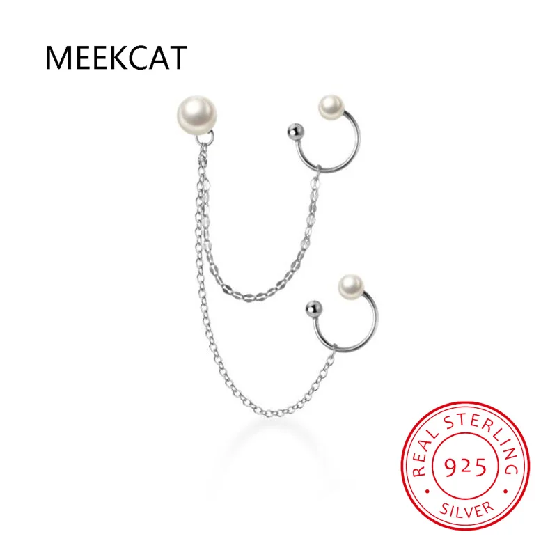 Minimalist 925 Sterling Silver Double Layer Chain pearl Ear Line Cuff Clip on Earrings for Women Jewelry Gift DA1213