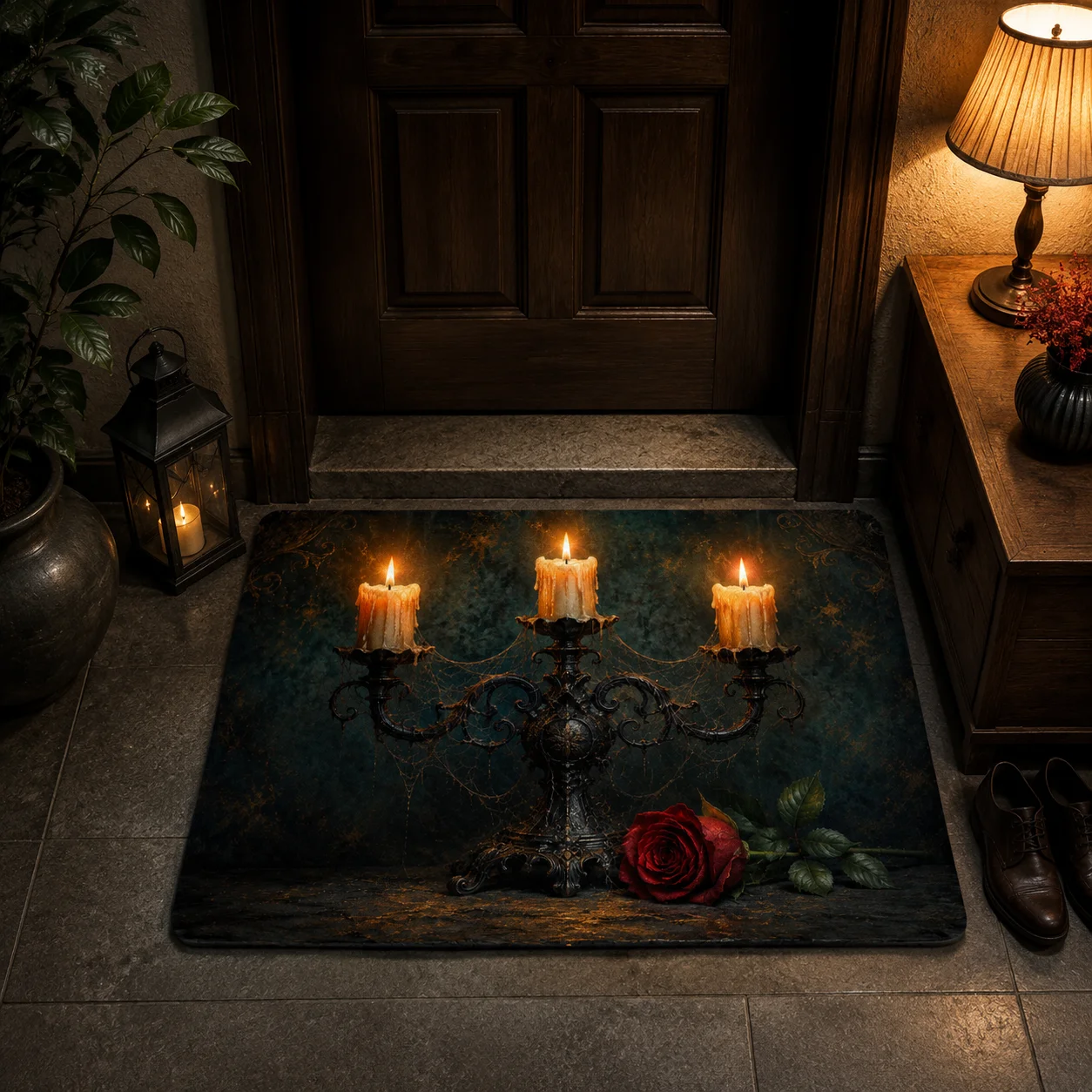 VIKAMA Vintage Candelabra Red Rose Halloween Doormat Anti-Slip Indoor Outdoor Rug Gothic Spooky Front Entrance Welcome Decor