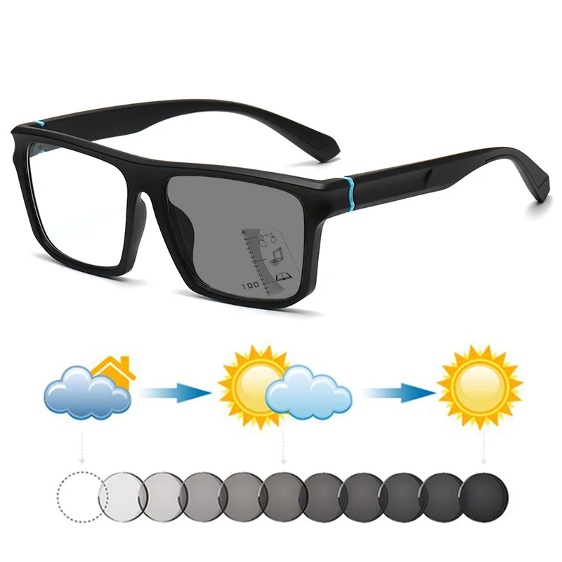 Nouvelles lunettes de soleil progressives multifocales photochromiques bleues/grises pour hommes et femmes, pour la lecture, vision de près et de loin, hypermétropie +1~+4