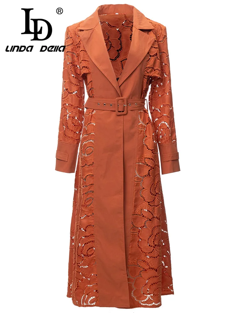 LD LINDA DELLA New Style Italian Luxury Coat Women\'s Orange Lapel Embossed hollow Elastic Waist Individuality Long Trench coat