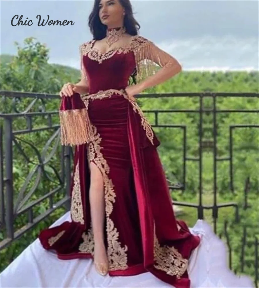 Vestido de noche elegante rojo argelino karakou con sobrefalda caftán de encaje dorado de lujo vestido de fiesta marroquí con hendidura iraquí personalizado