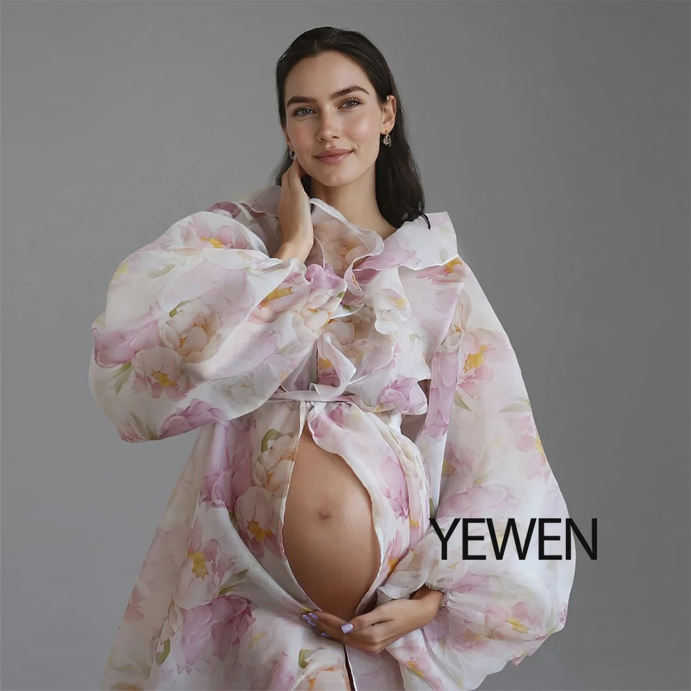 Floral Organza Puffy Sleeves Dress for Pregnant Women for Photo Shoot Slit Photography and Maternity Dresses for Baby Shower