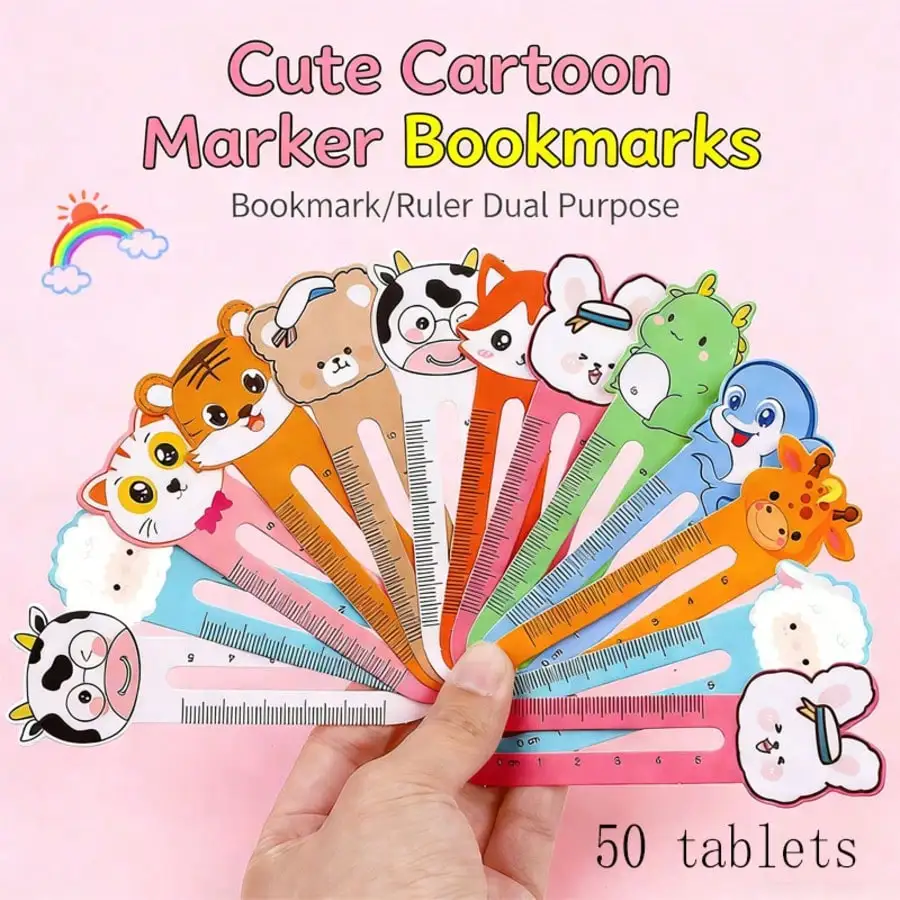 1 Pack 50 Sheets Random Style Cartoon Bookmarks Cute Animal Paper Bookmarks Mini Ruler Bookmark Markers Student Creative Station