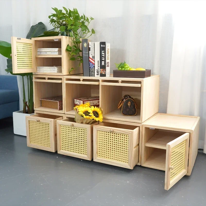 

Solid wood storage cabinet Floor-to-ceiling locker Household combination drawer cabinet Children's simple rattan locker