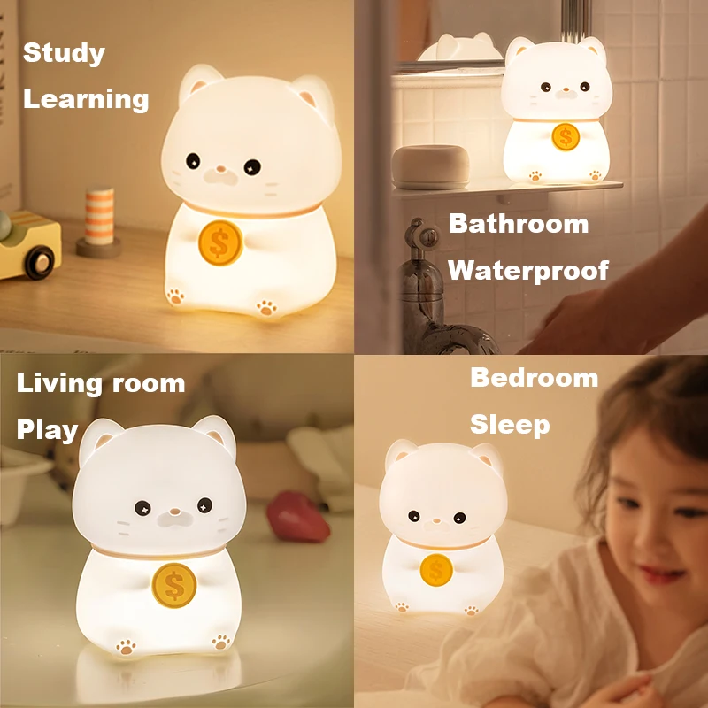 Cute Cat LED Night Light USB Rechargeable Silicone Lamp Sleeping Lamp Touch Switch Children Kid Bedroom Decoration Birthday Gift