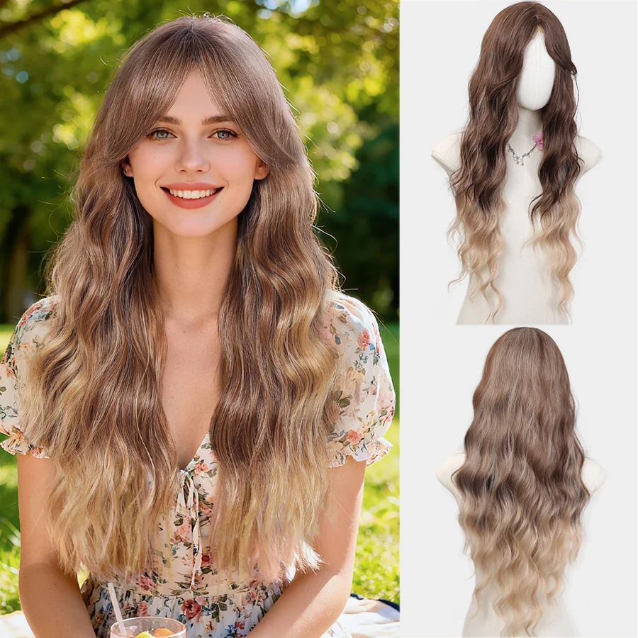 

30“ Honey Brown to Blonde Gradient Lace Wig Long Wavy Synthetic Heat Resistant Natural Wave Hair for Women Daily Party Cosplay