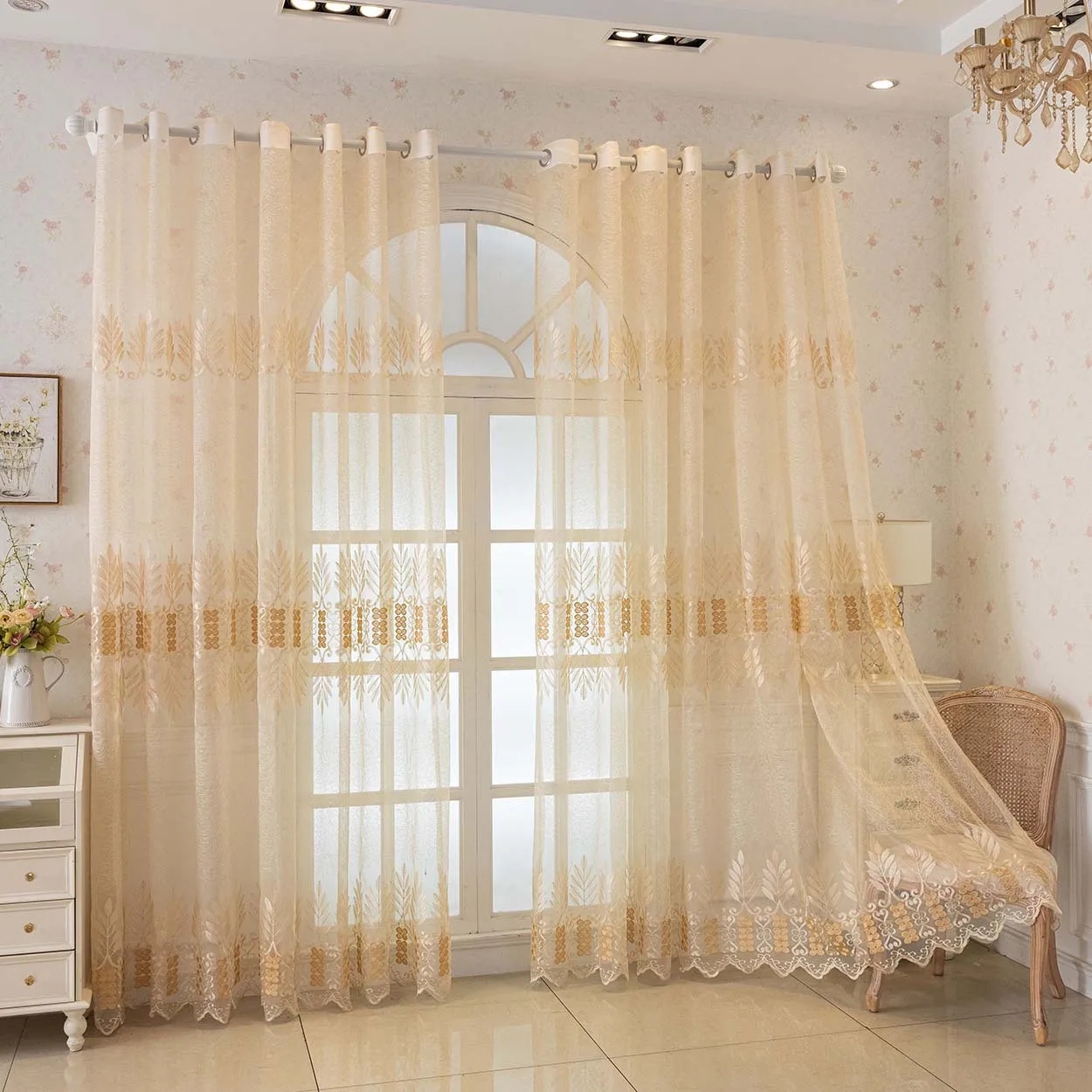 Image of 1 Stück Amerikanischer Vintage-Spitzenvorhang, Transparenter Vorhang mit Ringaufhängung, Luxuriöser Bestickter Vorhang, Balkon-Fensterdekoration