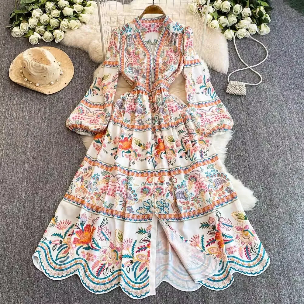 

Elegant Luxury Flare Long Sleeve Floral Maxi Evening Prom Dresses Women Single Breasted Summer Autumn National Bohemian Dress