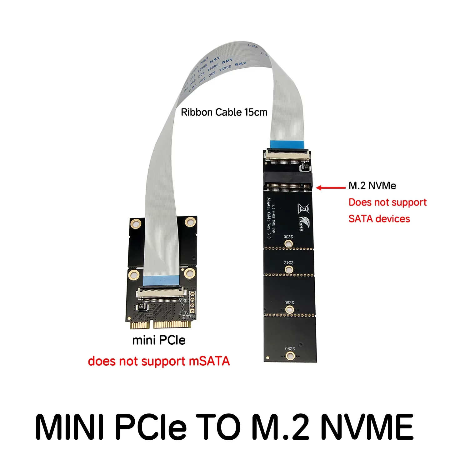 Mini PCIe to M.2 NVMe SSD Adapter 15cm Cable Support 2230-2280 X1 Speed only for PC Game Storage Not Support mSATA M.2 NGFF SATA