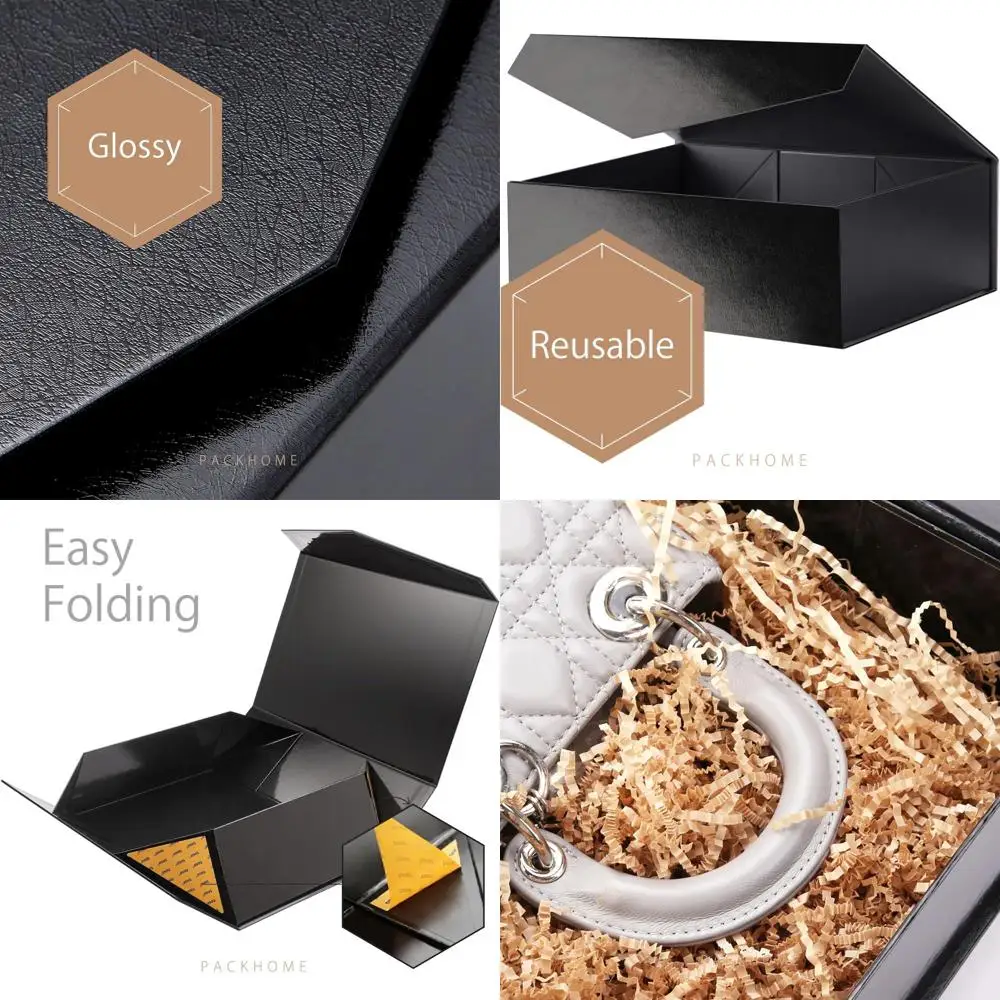 

6 Large Sturdy Collapsible Gift Boxes with Magnetic Closure, Glossy Black, Grass Texture Lids, 13.5x9x4.1 Inches
