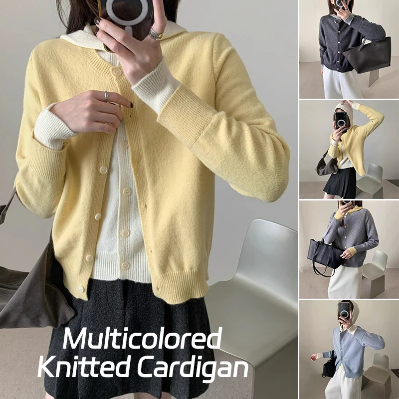 

Искусственный двухсекционный вязаный кардиган с капюшоном, женский зимний уличный повседневный свободный свитер с цветными блоками, куртка