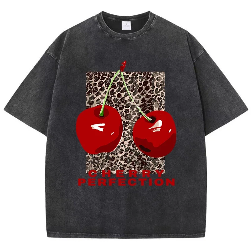 European American Washed Cherry T-shirt Women's Cotton Leopard Print Oversized Retro Black O Neck T Shirt Street Top Women