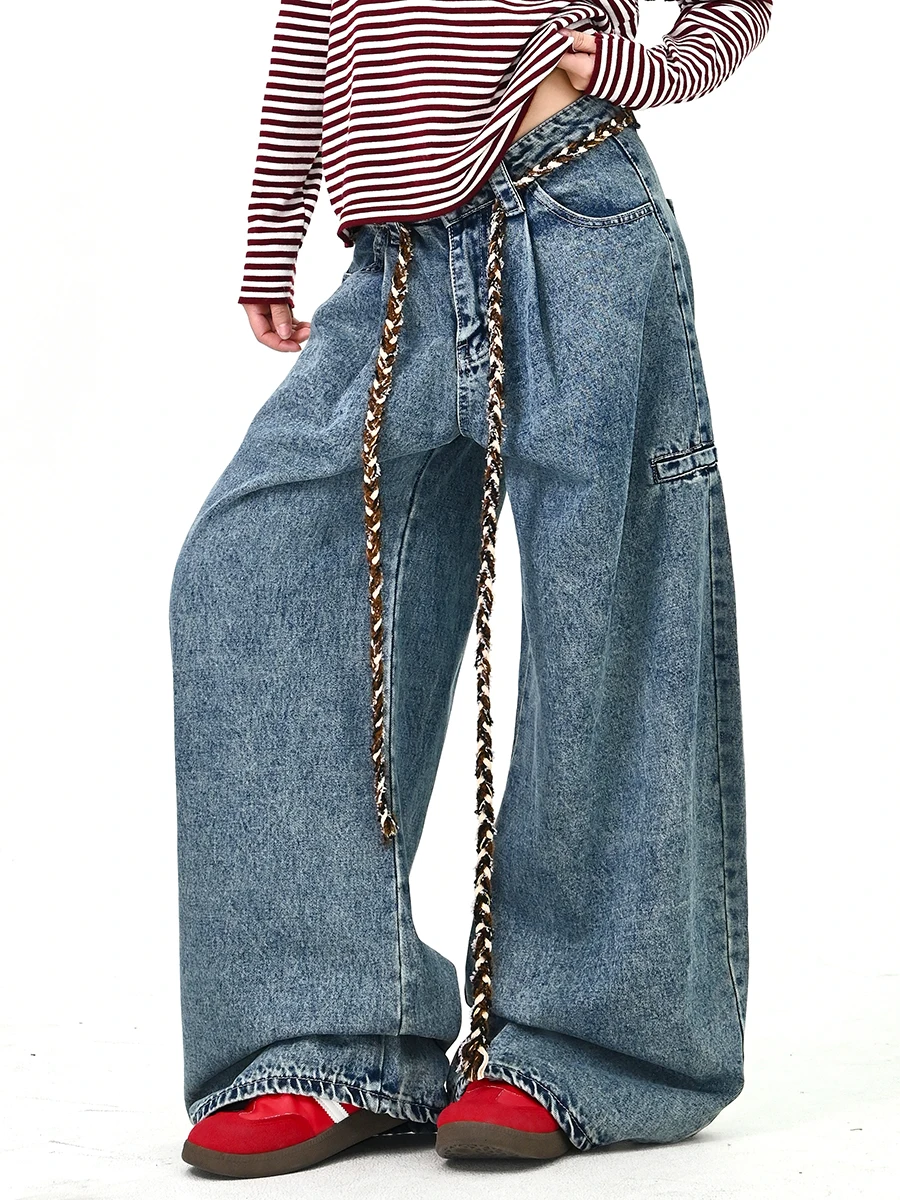 

Women's Loose BF American Street Sle Vintage Wide Leg Floor-Length Jeans Spring 2026 l Waist Rope Dragging Design