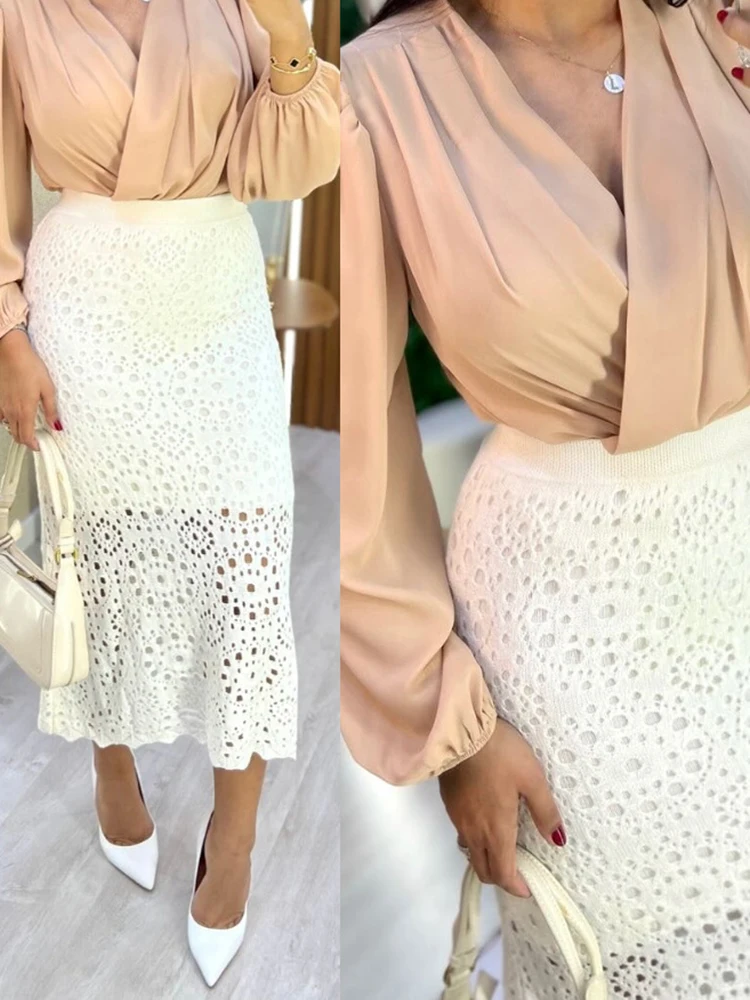여름 신상 출퇴근용 롱 스커트, 우아한 레이스 속이 비치는 힙 라인 스커트, 고급스러운 단색 슬림 힙 라인 스커트