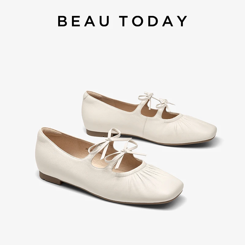 BEAUTODAY Mary Jane Shoes Women Sheepskin Leather Solid Color Square Toe Butterfly-knot Ruched Ladies Flat Shoes Handmade 28395