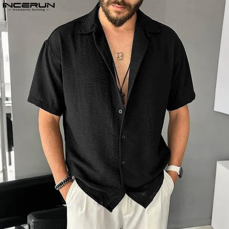 

INCERUN Summer Men Shirt Solid Color Lapel Short Sleeve Oversize Casual Men Clothing Cotton Vintage Streetwear Camisas Male Tops