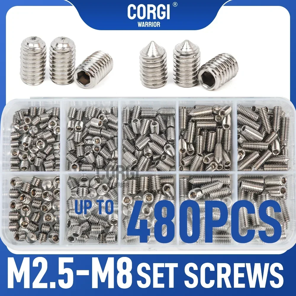 Up to 480 Metric Set Screw Assortment Kit M2.5 M3 M4 M5 M6 M8 Stainless Steel 304 Hex Drive Socket Cone Cup Point Grub Set Screw