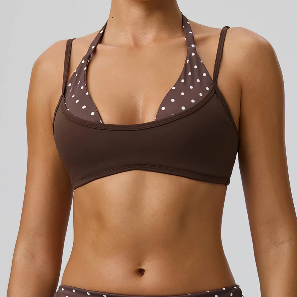 Women New Fake Two Piece Yoga Bra Polka Dot Fitness Bra Stripes Sports Bra Gym Top Strap Hanging Neck Strap Sports Underwear Top